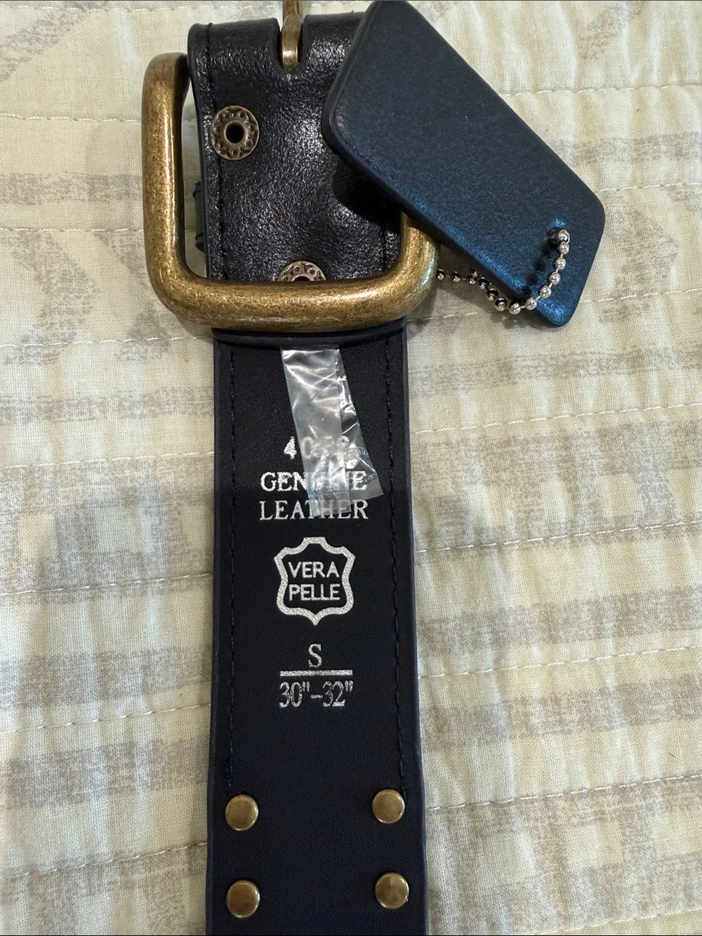 Vera Pelle Black Leather Studded Belt with Antique Brass Buckle